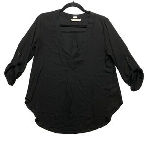 Lush Shirt Top Womens Small Black 3/4 Roll Tab Sleeve V-Neck Blouse